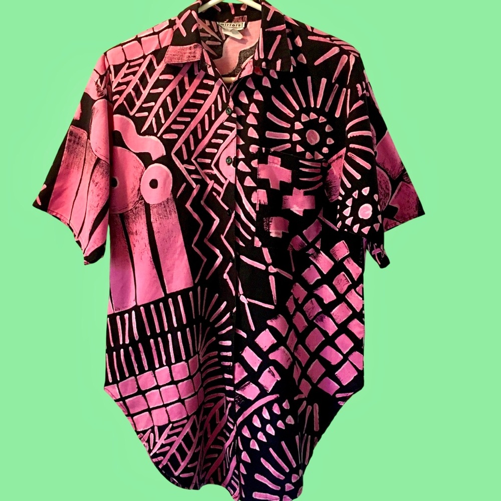 Vintage Black & Hot Pink Long Button-down Cotton Top by Mirrors
